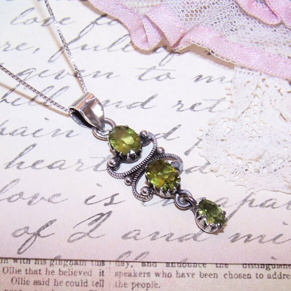 Victorian Revival Sterling Silver Peridot Dangle Pendant - Picture 4 of 11
